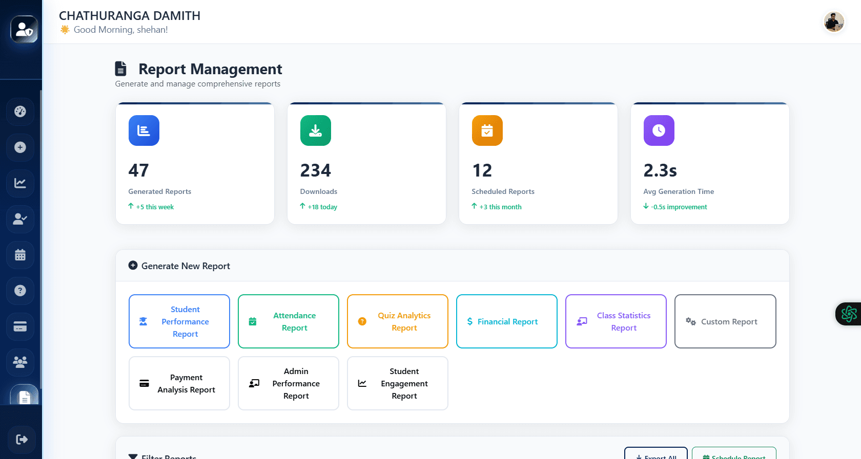 LMS analytics dashboard and PDF export previews